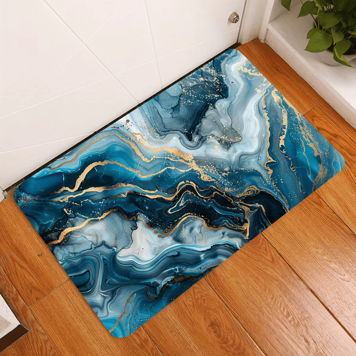 Tapis à motif marbré bleu fluide, tapis à motif vague abstrait, tapis artistique à lignes dorées, ta