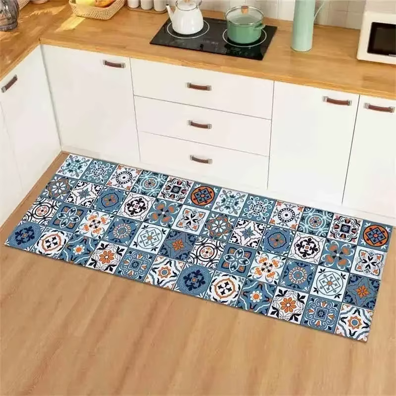 Tapis de cuisine Long avec Collage de carreaux Vintage bleu jaune, tapis de cuisine de Style méditer