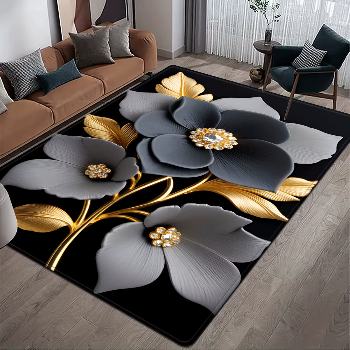 Tapis de sol chic à motif floral - Tapis décoratif créatif à motif de fleurs - Tapis d'intérieur pou