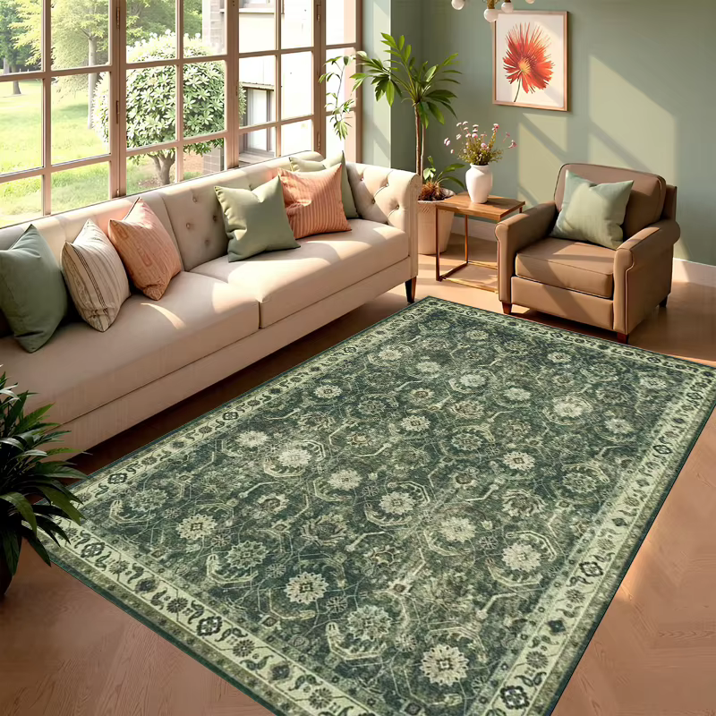 Tapis vintage vert à motif floral persan, tapis de sol doux antidérapant, tapis bohème traditionnel,