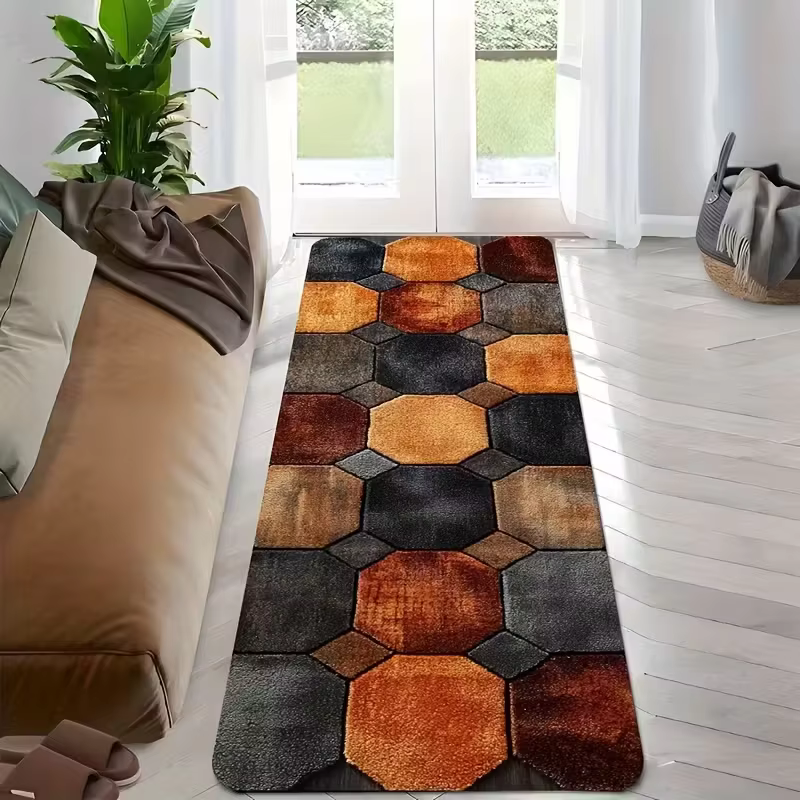 Tapis de couloir géométrique octogonal rétro marron-orange, doux, moelleux, antidérapant, lavable, l