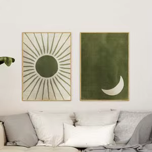 Abstraction d'art mural vert sauge, art mural vert olive, soleil et lune, un ensemble de 2 impressio