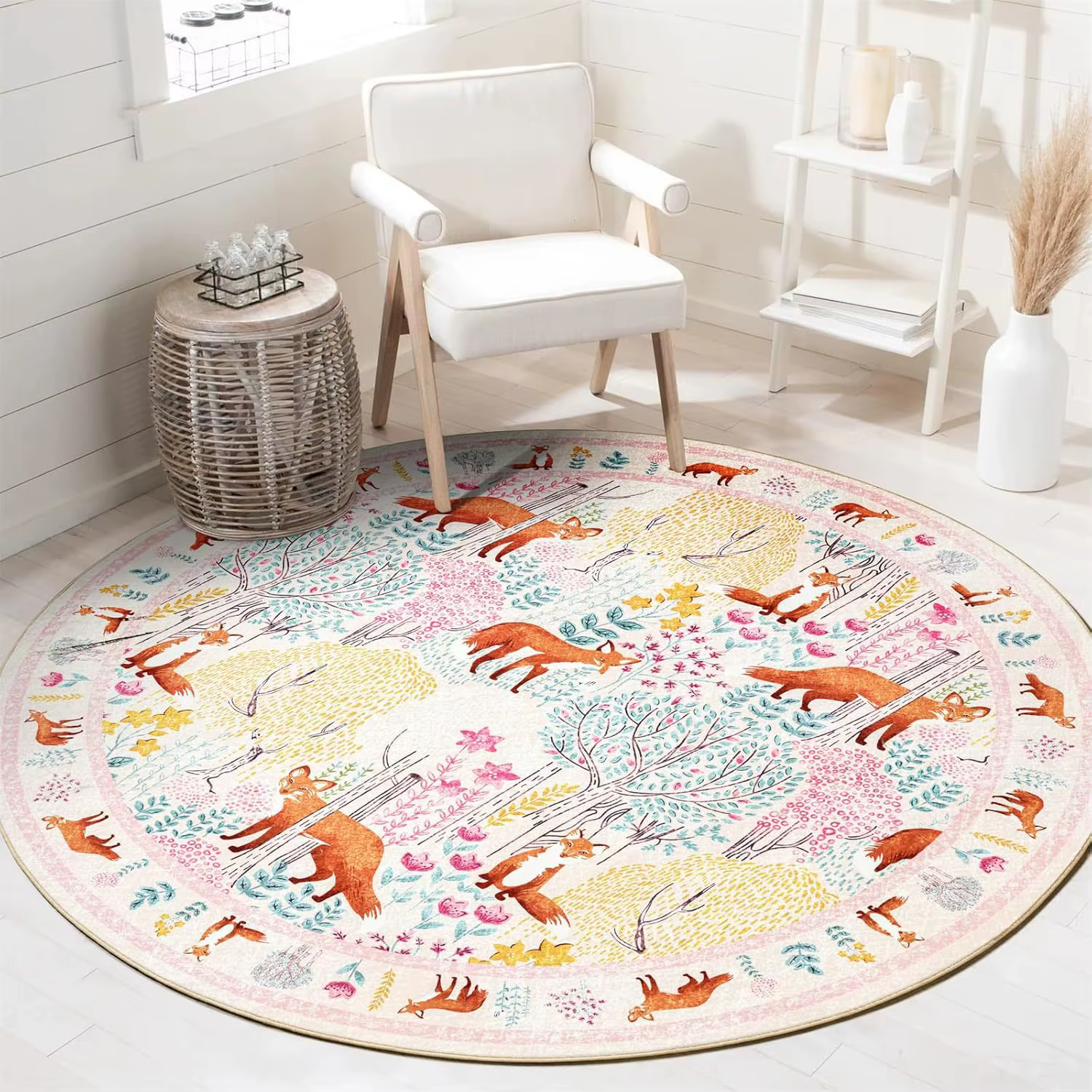 Tapis rond Forêt des Renards avec Renards Roux Oranges, Thème Nature, Décoration de Chambre d'Enfant