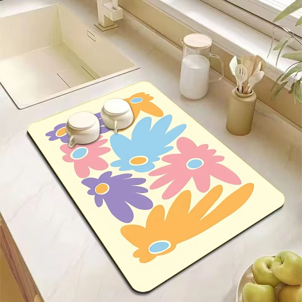 VIKAMA Tapis absorbant et antidérapant pour comptoir de cuisine, motif floral artistique, résistant