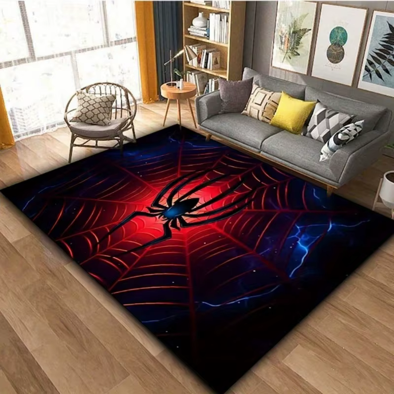 Tapis rouge néon à motif toile d'araignée, sur le thème des super-héros, antidérapant, pour chambre 