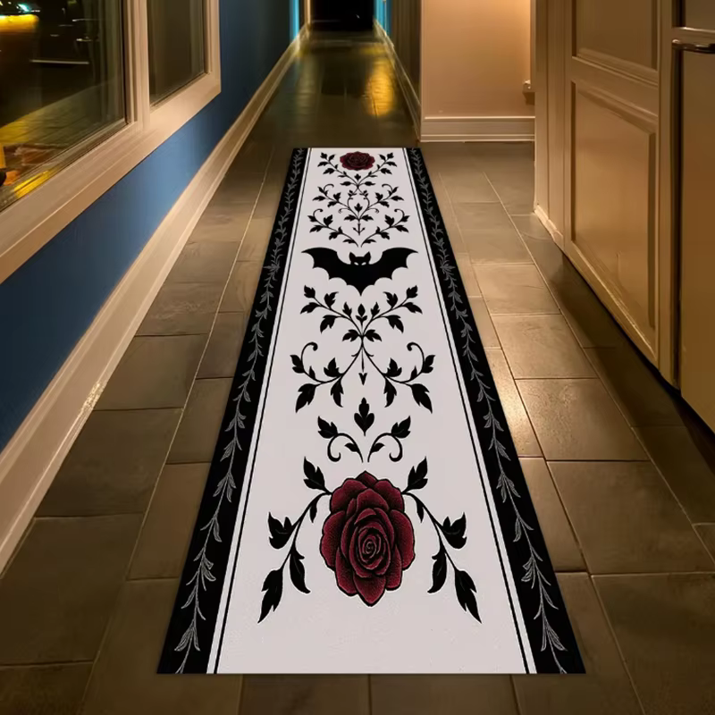 Tapis de chemin gothique à motif de crâne, décor de Rose rouge noir, doux et antidérapant, tapis de 