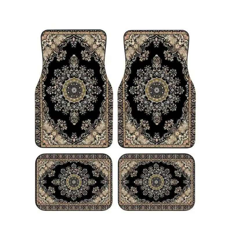 Tapis de sol de voiture style persan noir beige, 4 pièces, motif rétro, tapis antidérapants pour aut