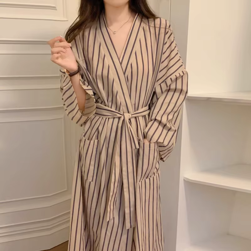 Peignoir pour femme : Robe longue à manches longues rayée style kimono printemps/été – Pyjama et vêt