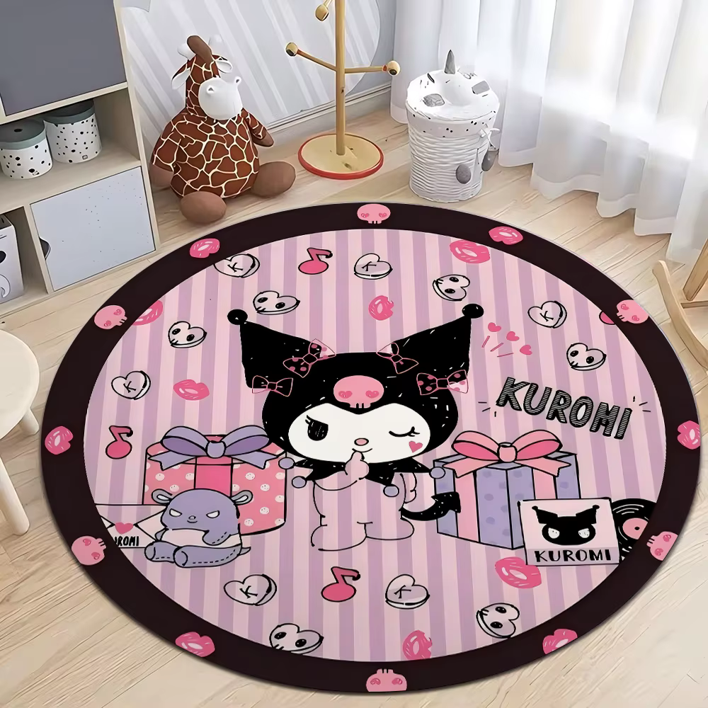 Tapis rond à thème Sanrio Kuromi, style rayé rose, tapis imprimé pour chambre à coucher et salon, ta