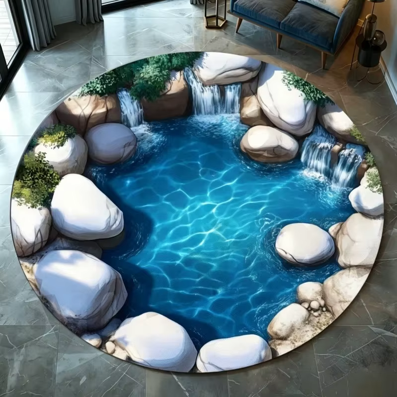 Tapis rond imprimé source thermale eau claire, illusion optique 2D, antidérapant, motif pierre bleue