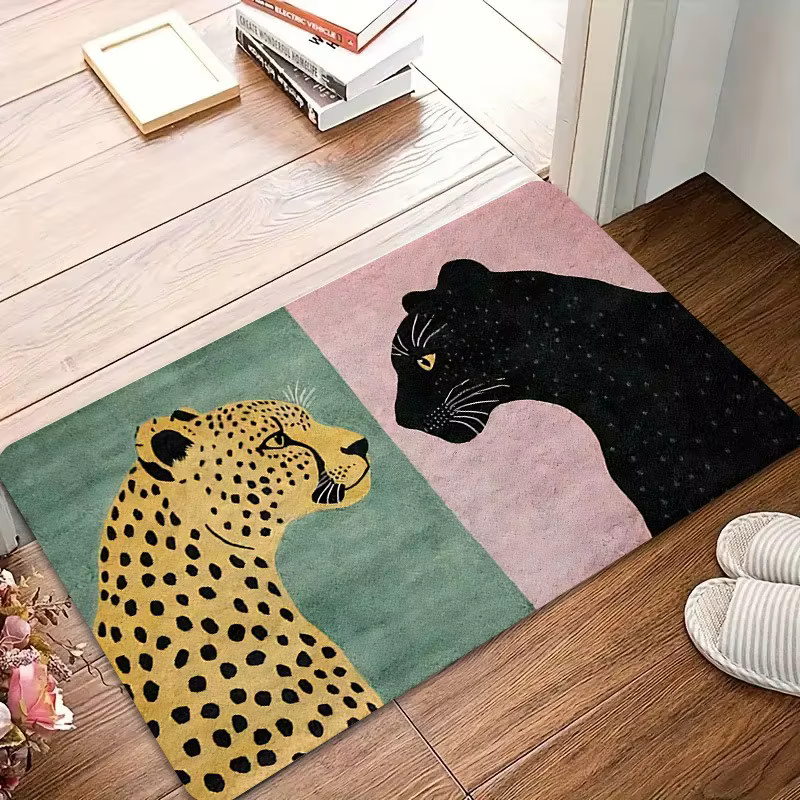 Tapis d'entrée imprimé avec motif léopard et panthère noire, tapis décoratif avec animaux sauvages p