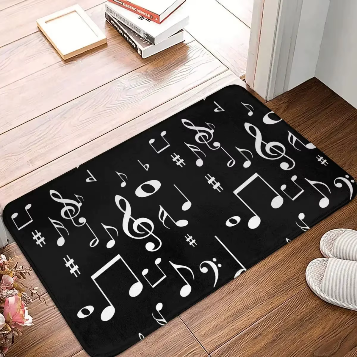 Tapis antidérapant de musique noire, paillasson de salon, cuisine, salle de bains, Notes de musique,