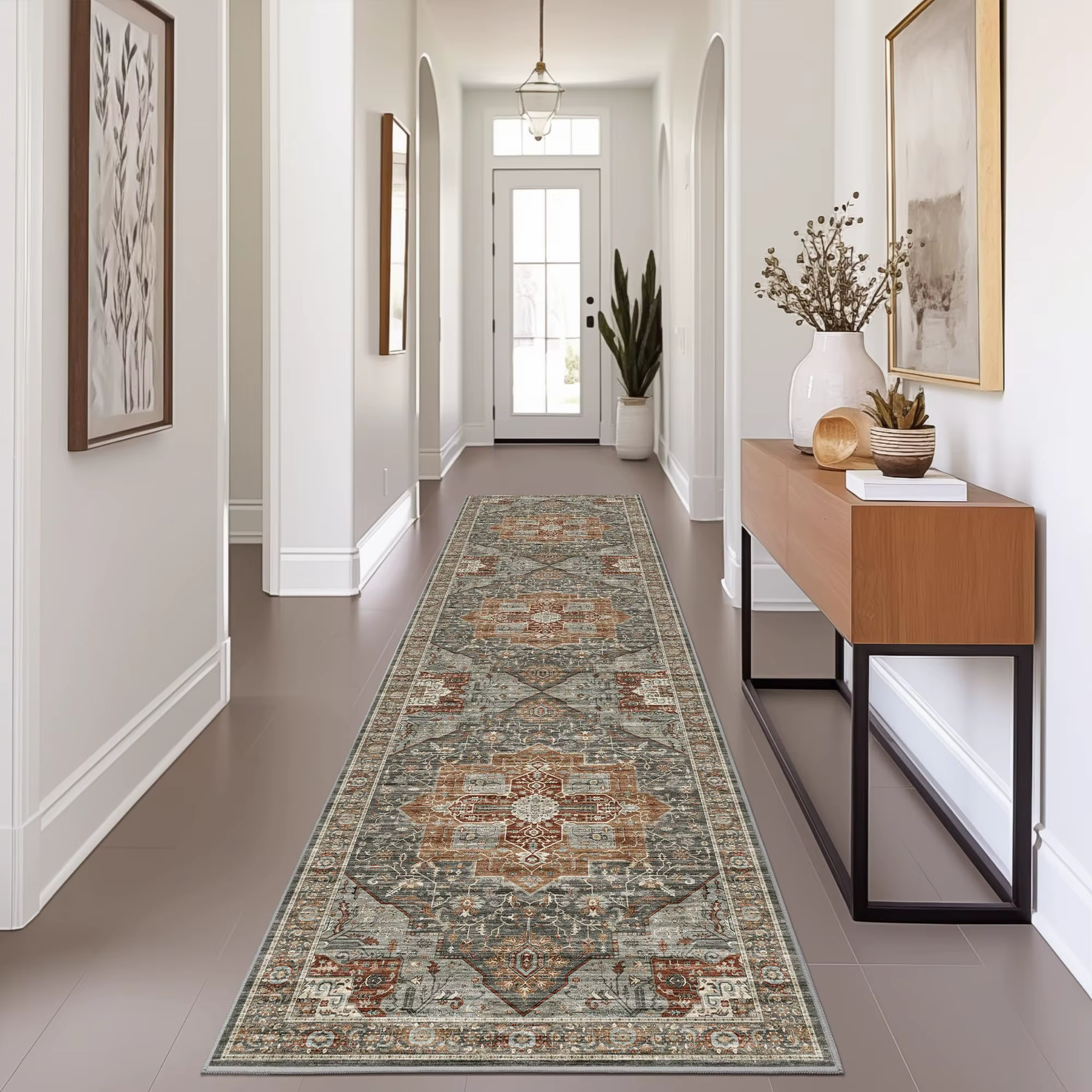 VIKAMA Tapis de couloir vintage, antidérapant, lavable, à poils bas, doux, pour salon, cuisine, cham
