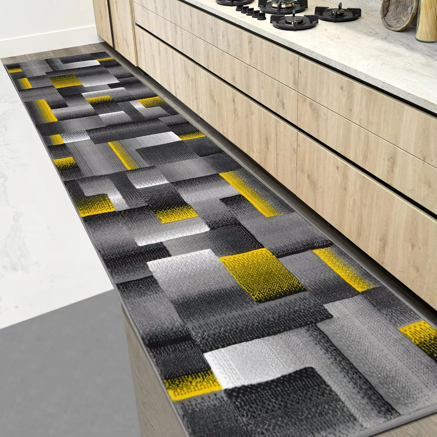 Tapis d'intérieur à motifs géométriques abstraits modernes carrés vert, noir et gris - Style contemp