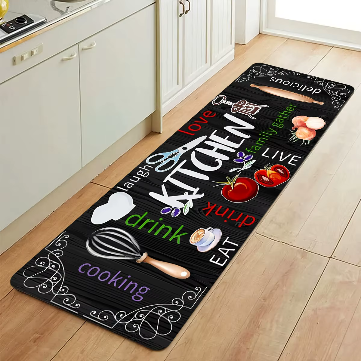Tapis thème de cuisine, Design nourriture amour joie, décoration de la maison avec ustensiles de cui