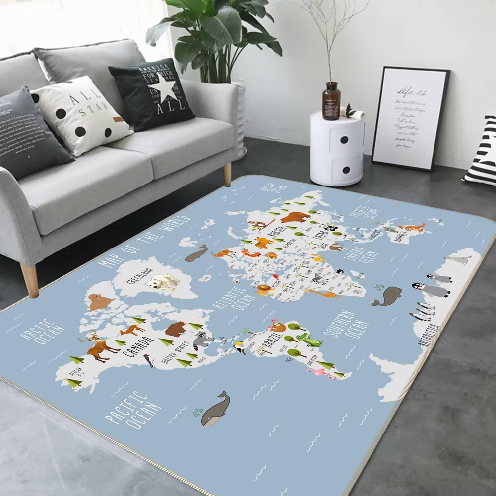Tapis de carte du monde avec animaux de dessin animé, imprimé géographique éducatif mignon, tapis an