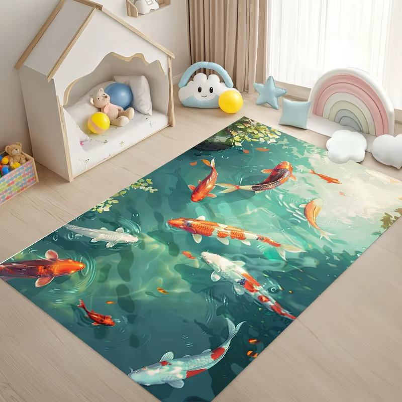 Tapis d'appoint oriental en aquarelle avec motif de carpes koï, antidérapant, doux, porte-bonheur Fe