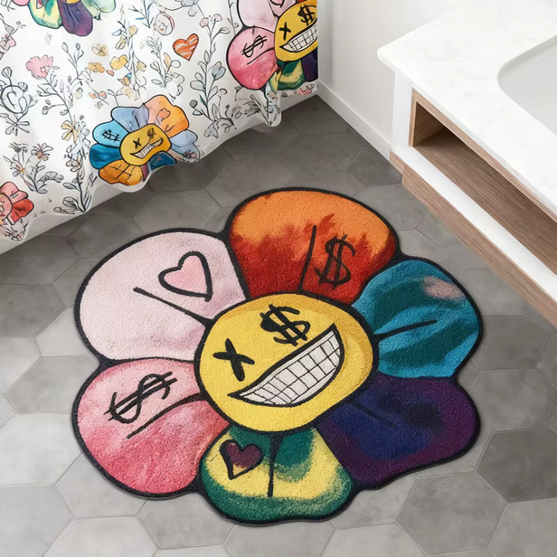 Tapis tournesol avec yeux en signe de dollar, visage souriant, motif floral dégradé style rue améric