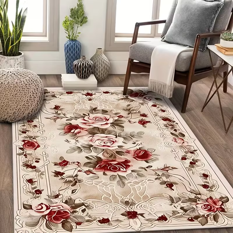 Tapis de salon vintage à motif floral rose français, imprimé fleurs romantiques, antidérapant, doux,