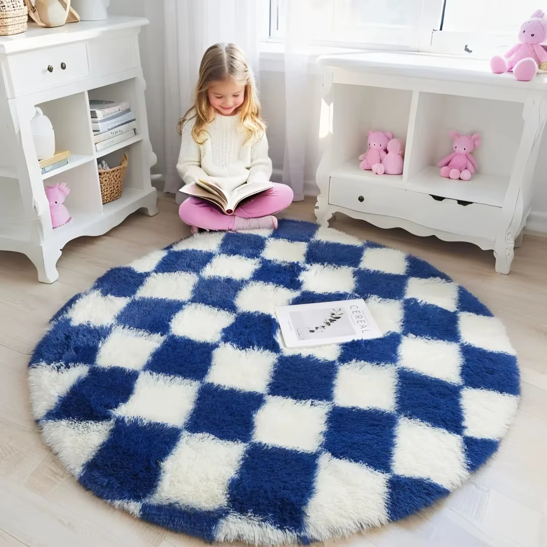 Tapis rond moderne en forme de damier, en peluche douce, circulaire, pour la décoration de la maison