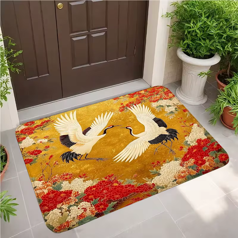 Paillasson Rouge Ondes de Grue, Style Oriental, Deux Grues Volantes, Lune, Tapis de Porte Traditionn