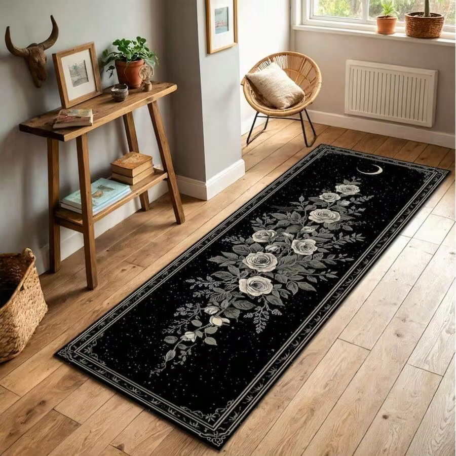 Tapis de couloir à imprimé floral vintage, long tapis de sol antidérapant et lavable pour l'entrée, 