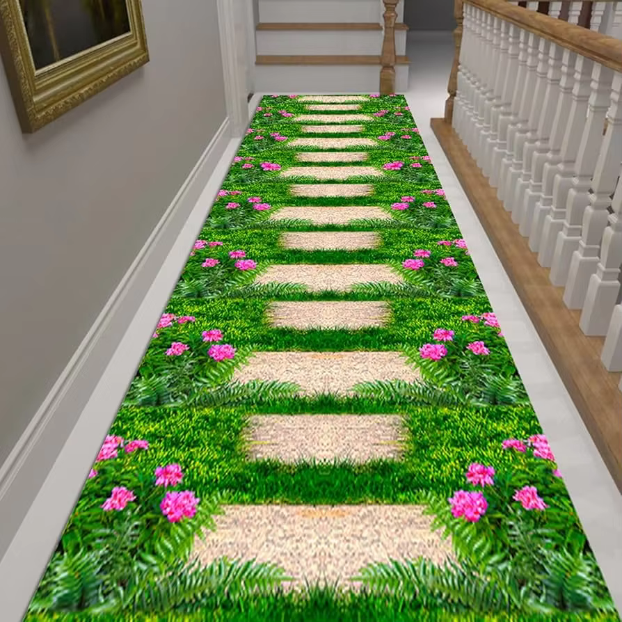 Tapis de couloir antidérapant à motif de plantes vertes et de marches de pierre, imprimé, pour coulo