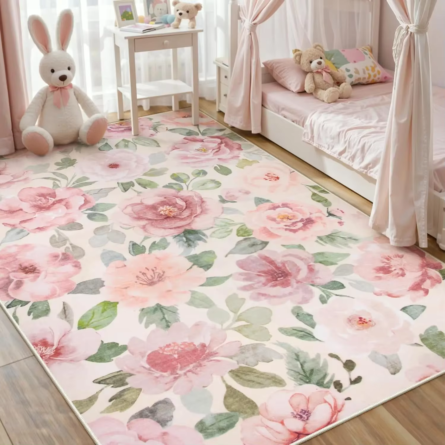 Tapis à motif de fleurs de pivoine rose, doux et lavable, pour chambre à coucher, chambre d'enfant, 