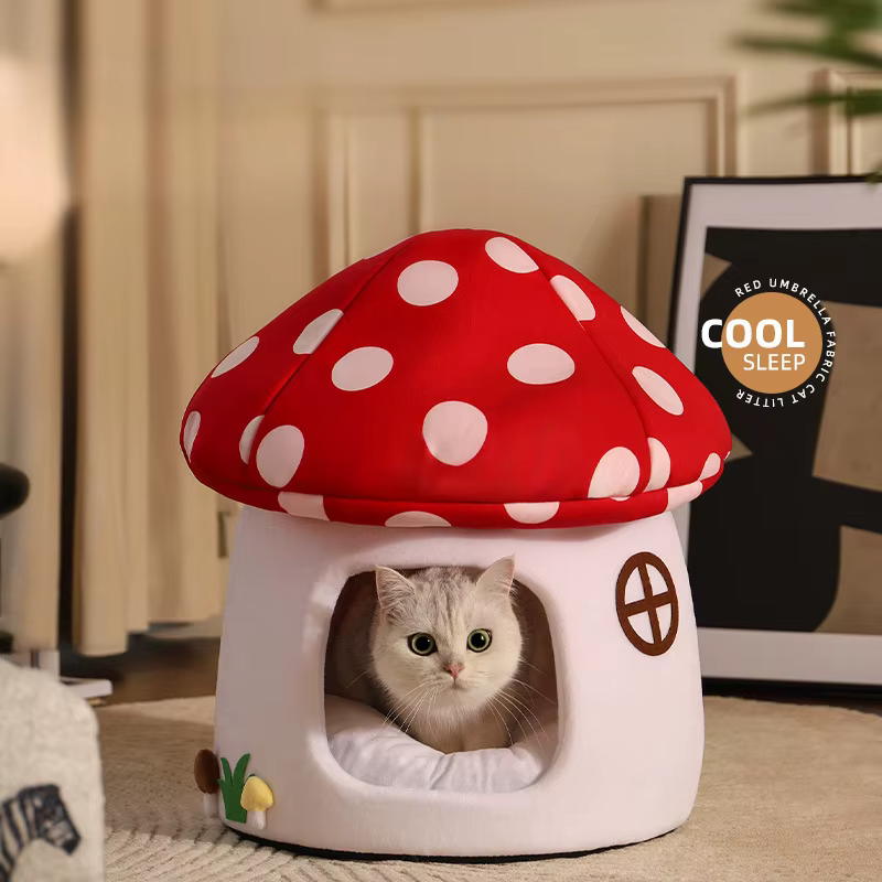 Lit pour chat champignon semi-fermé-adorable et fonctionnel pour dormir et cacher la maison pour cha