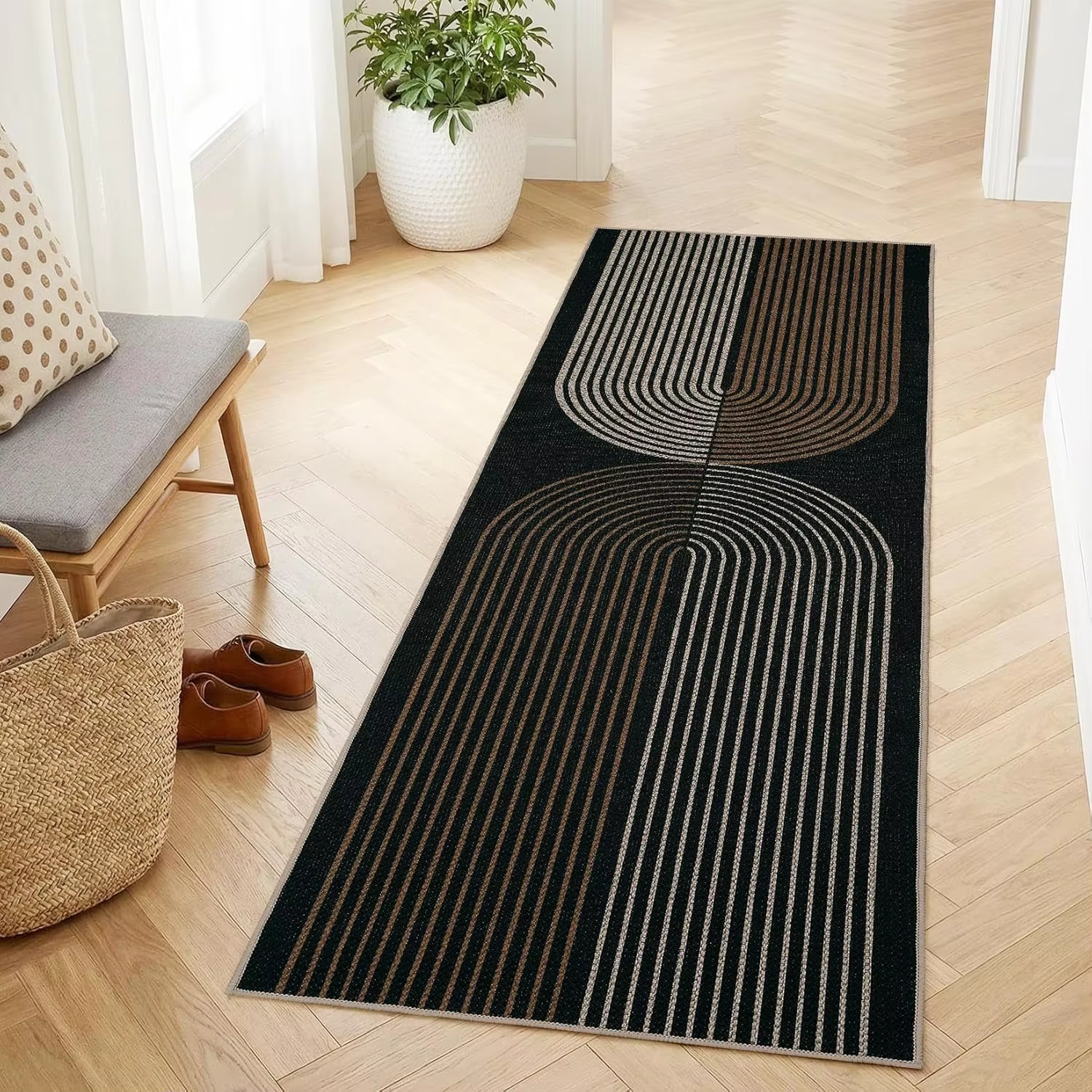 Tapis de couloir géométrique bohème antidérapant, motif abstrait lignes arquées, lavable, tapis déco