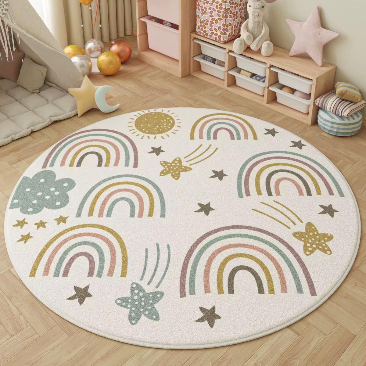 Tapis rond Boho arc-en-ciel soleil étoile, doux, pastel, antidérapant, pour chambre d'enfant et cham