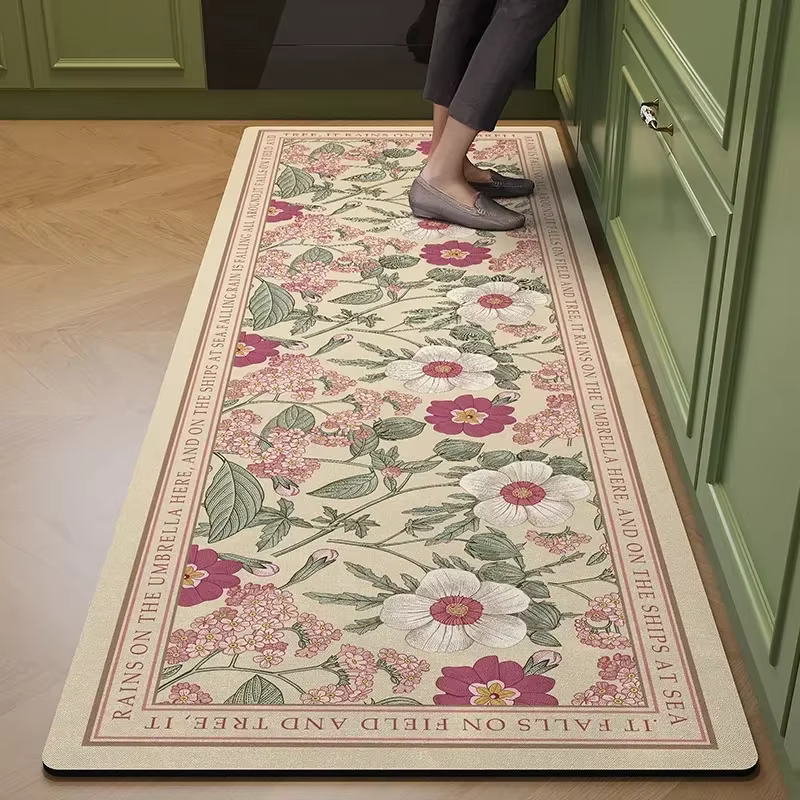 Tapis de sol de cuisine en cuir PVC, imperméable et résistant à l'huile, motif floral, pour la décor