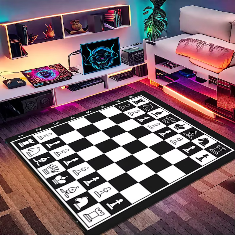 Tapis d'échecs baroque en marbre noir avec détails dorés pour la décoration de la salle de jeux
