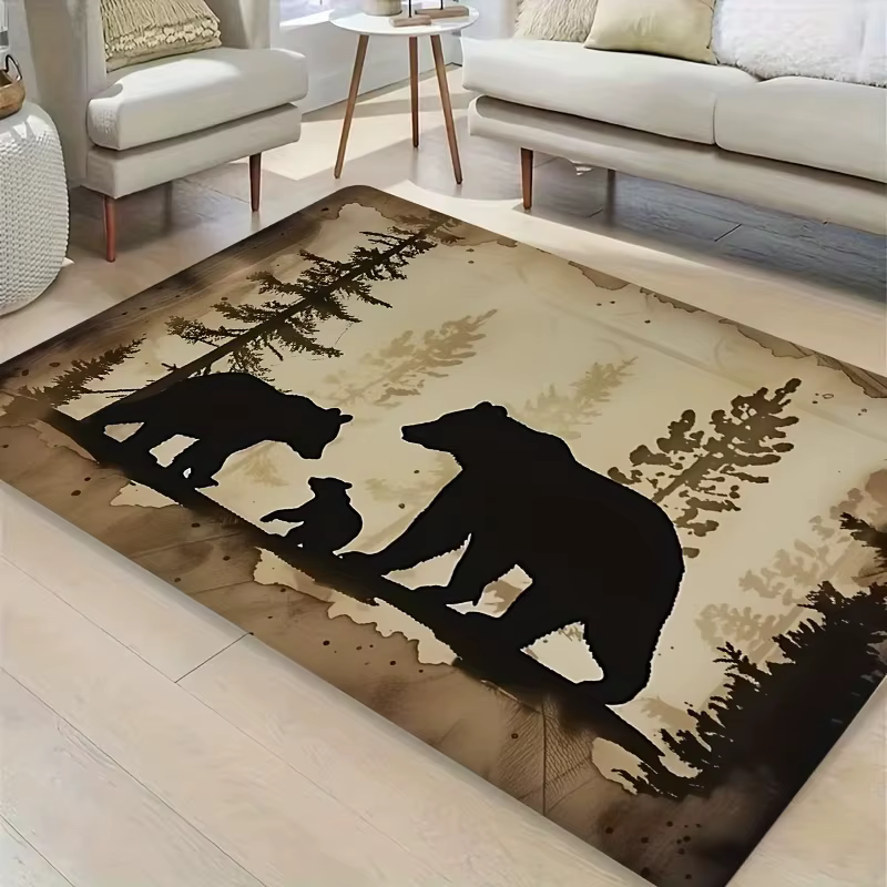 Tapis de sol antidérapant avec silhouette de famille d'ours rustiques de la forêt, style cabane et f