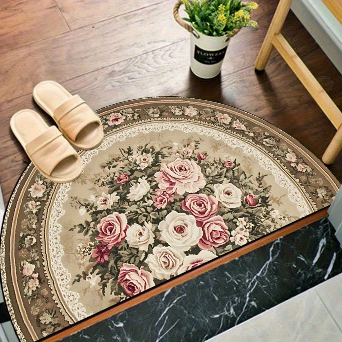 VIKAMA Tapis demi-rond vintage à motif floral, tapis moelleux antidérapant pour chambre à coucher, t