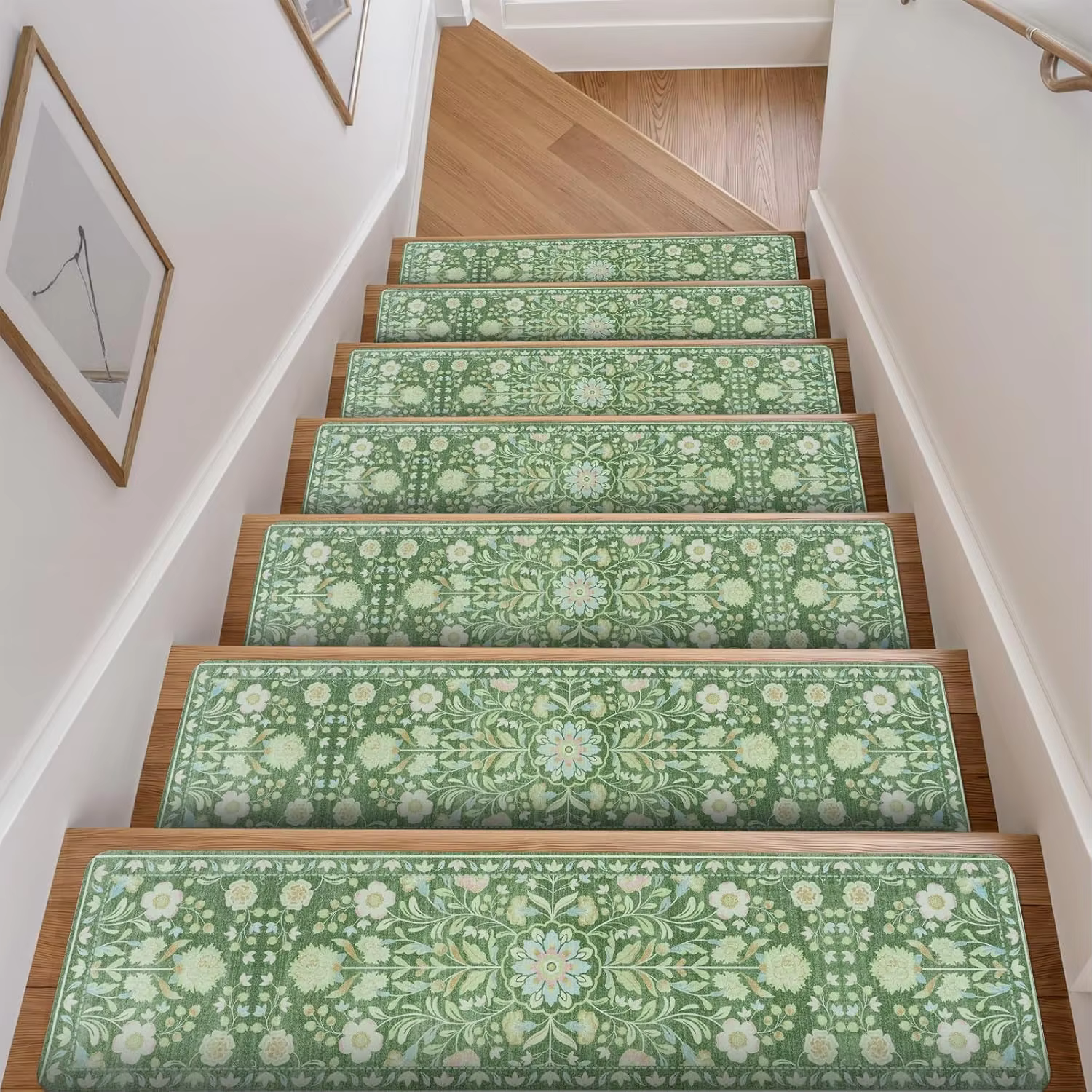 Marches d'escalier botaniques vertes antidérapantes, tapis décoratifs style William Morris, tapis de