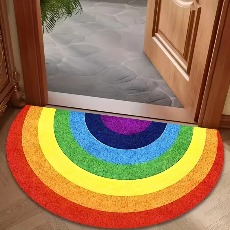 Tapis demi-rond imprimé arc-en-ciel coloré, 1 pièce, adapté à l'intérieur, à la chambre à coucher, a