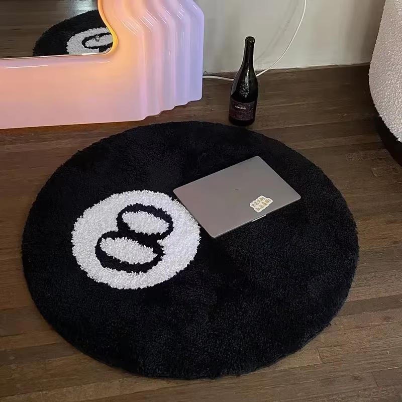 Tapis en peluche noir à 8 balles, créatif, doux, antidérapant, rond, respectueux de la peau, 8 boule