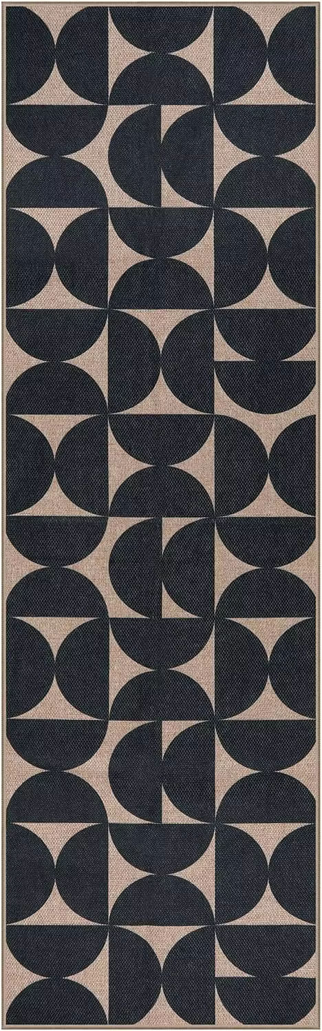 Tapis de couloir géométrique moderne noir beige japonais, abstrait, antidérapant, lavable, pour entr