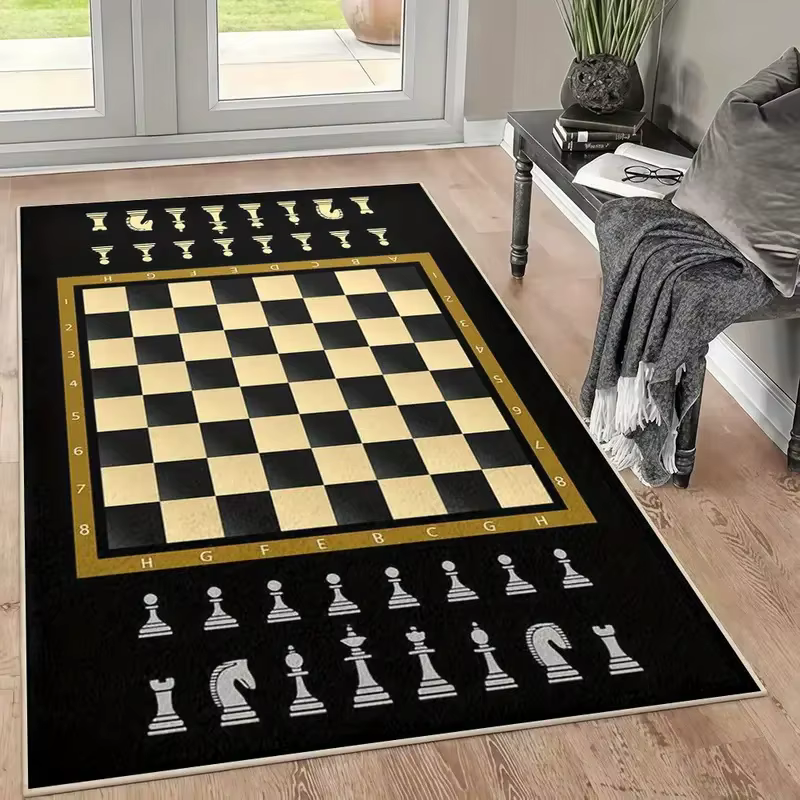 Tapis de luxe en forme d'échiquier noir et doré, à carreaux de haute qualité, avec motif de pièces d