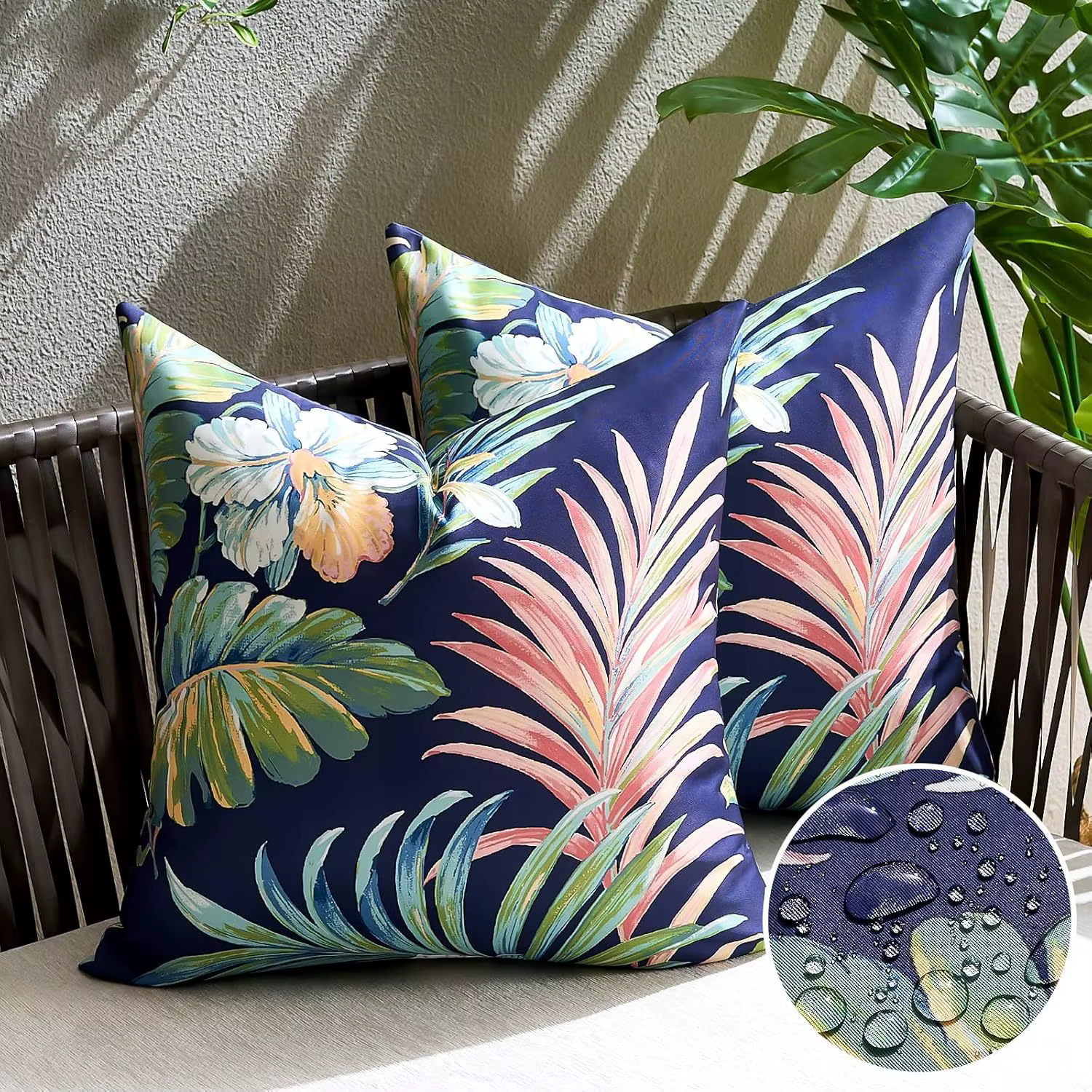 Lot de 2 housses de coussin modernes imperméables pour l'extérieur, imprimées de plantes tropicales,