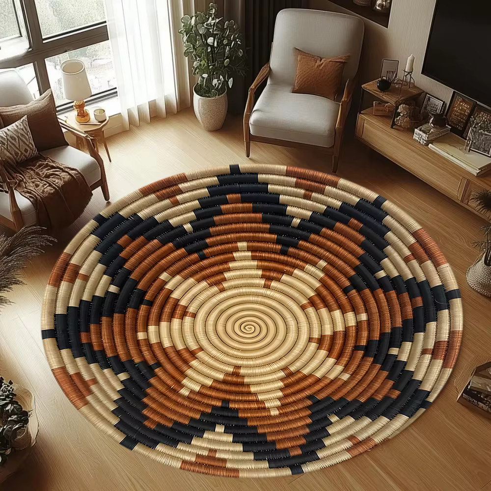 Tapis rond tissé à motif géométrique, style ethnique, antidérapant et durable, pour salon, chambre à