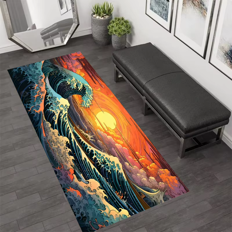 Tapis de couloir de style japonais, motif vague océanique et fleurs de cerisier, décoration intérieu