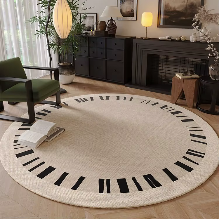 Tapis rond moderne crème avec motif de lignes noires abstraites, tapis minimaliste pour salon, chamb
