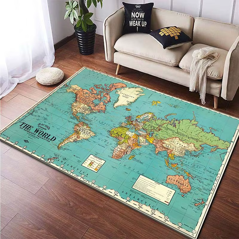 Tapis noir avec carte du monde scintillante, tapis de salon de Style moderne avec effet de veilleuse