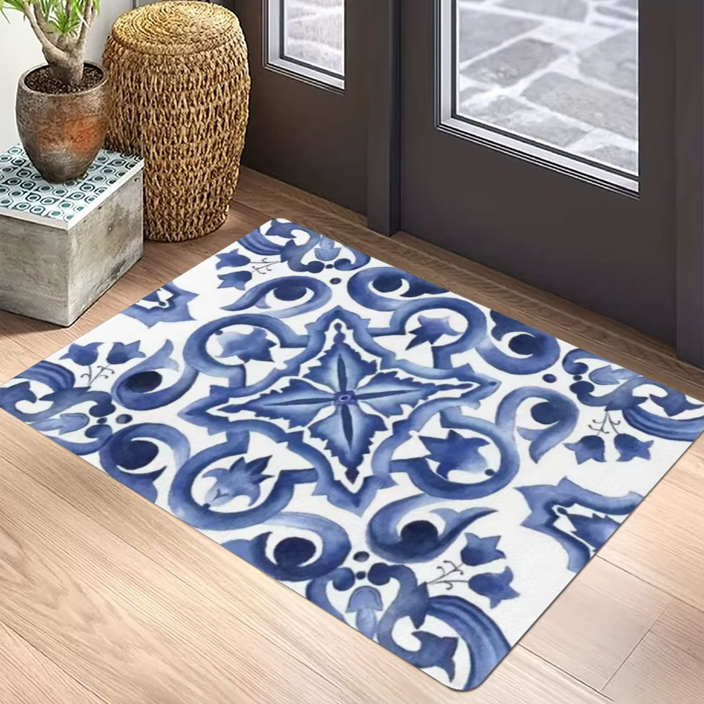 Tapis à motif bleu blanc, Design symétrique, géométrique méditerranéen, Vintage, décoration traditio