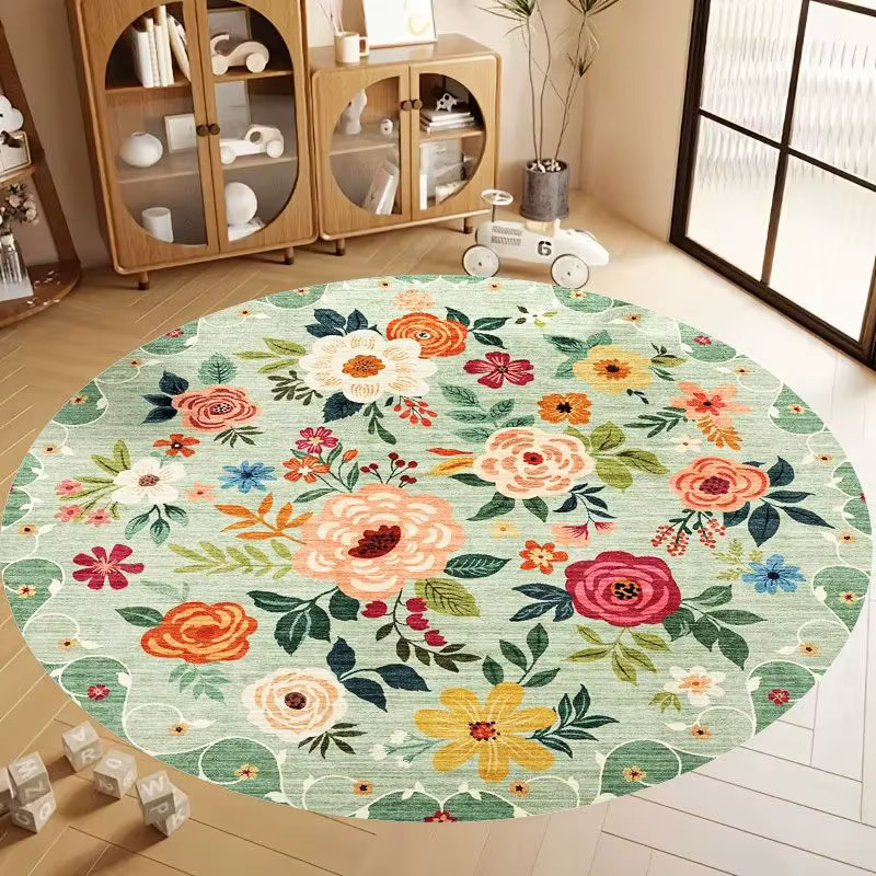 Tapis rond vintage à motifs floraux, vert sauge, rose pastel, grand tapis circulaire pour salon, cha