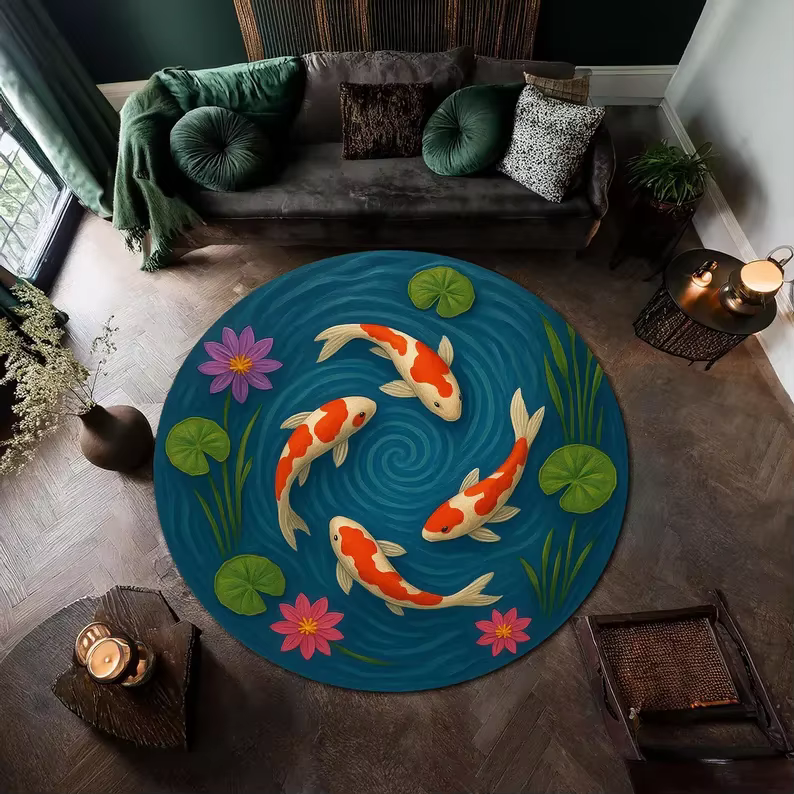 Tapis rond poisson Koi japonais Zen, pour salon, chambre à coucher, décoration de la maison