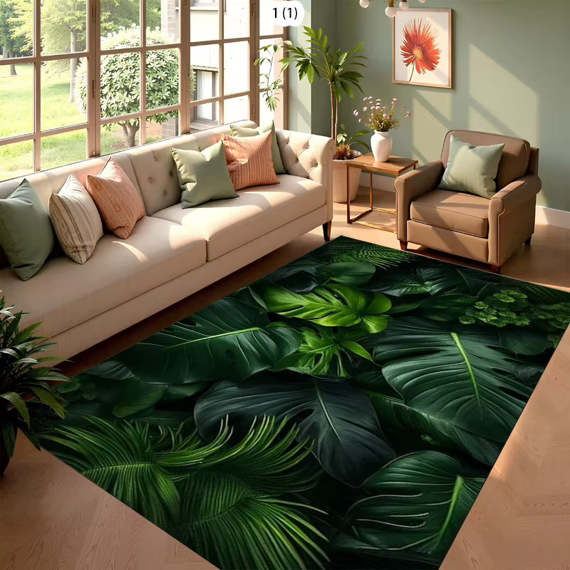 Tapis de salon style jungle tropicale, motif feuille de palmier et monstera, décoration moderne pour