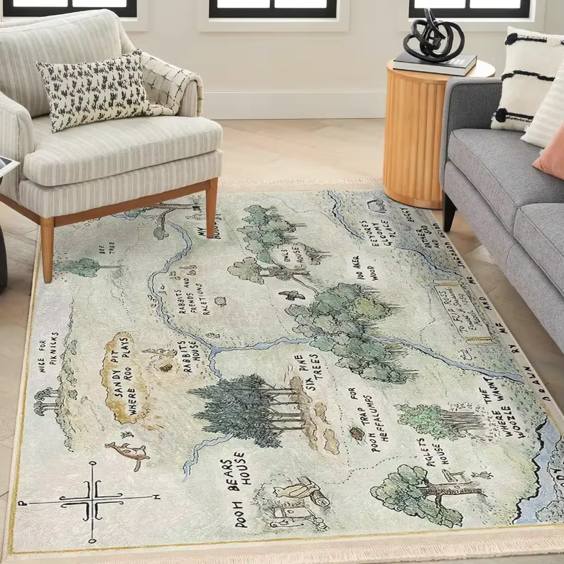 Tapis vintage Winnie l'ourson avec motif de la carte de Hundred Acre Wood, tapis antidérapant pour l